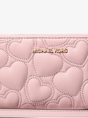 Michael Kors Blush Pink Quilted Heart Zip Wallet with Gold Logo